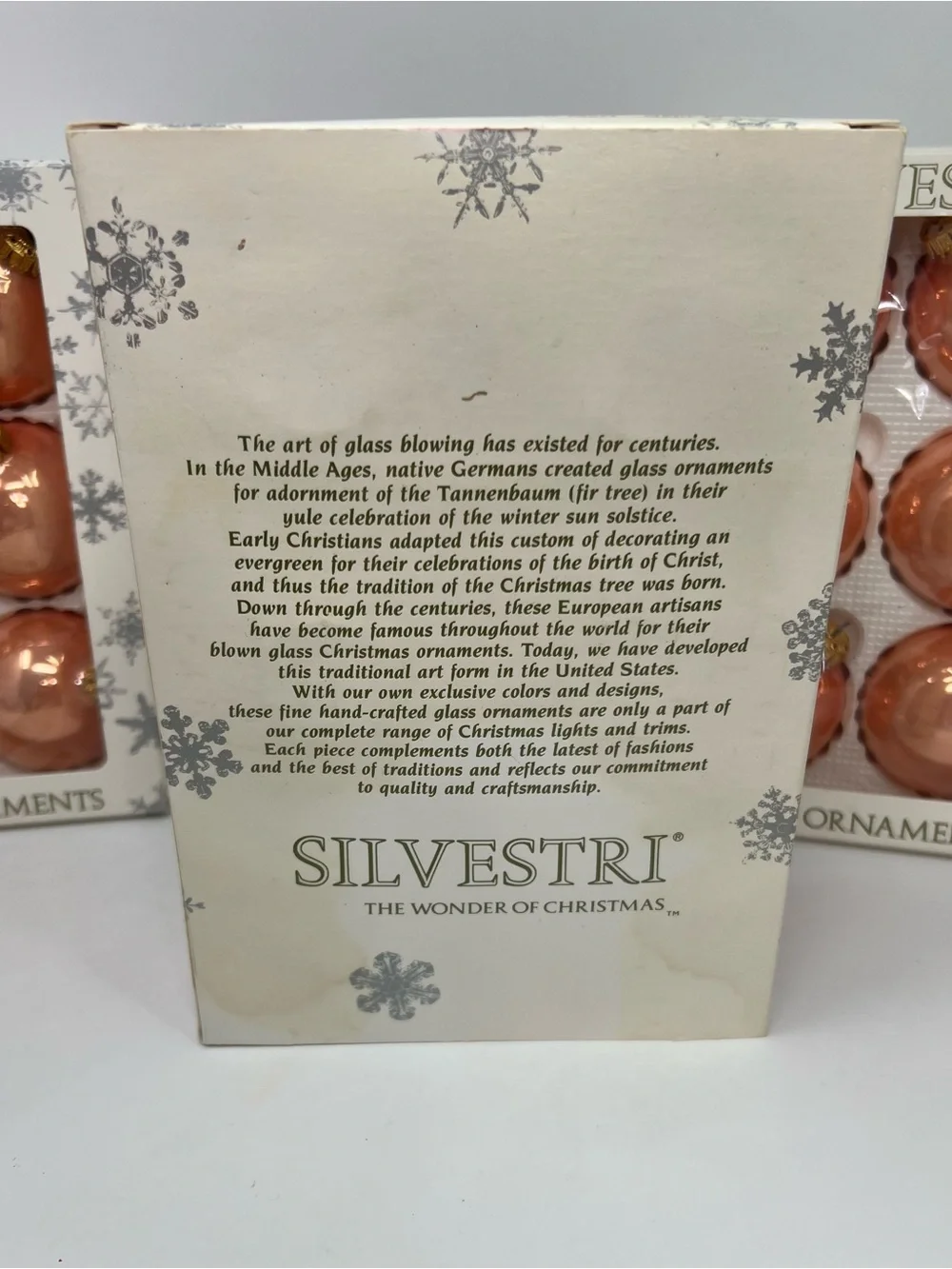 SILVESTRI Rose Gold Peach Glass Ball Christmas Ornaments 3 Boxes 6 Per Box Vtg